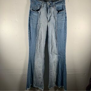 WOMENS SIZE 0 JEANS FLARE BELL BOTTOM PATCHWORK TWO TONE BLUE DENIM JEANS FRAY